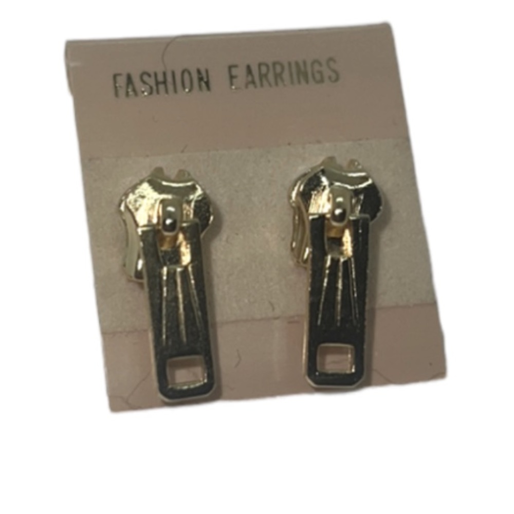 VINTAGE ZIPPER EARRINGS PIERCED POST NEVER USED GOLD TONE COSTUME JEWELRY